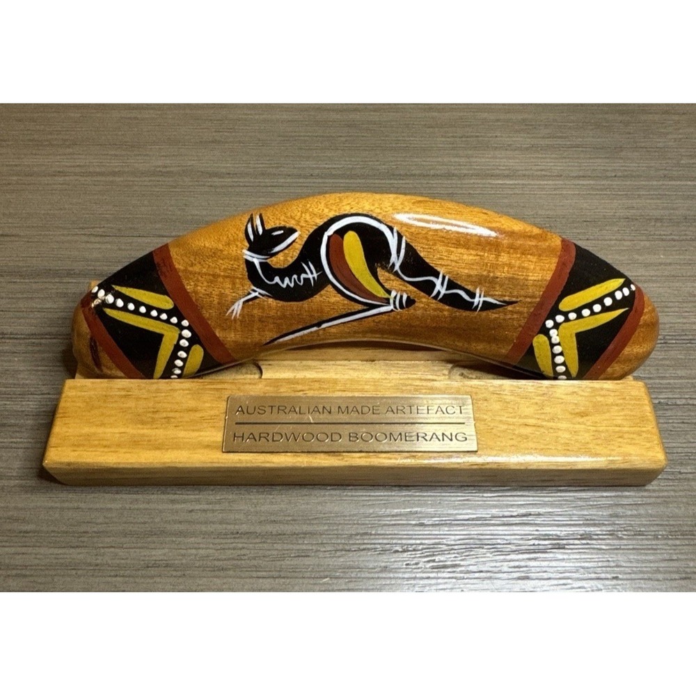 6" Australia Hardwood Boomerang Hand Painted Art Sculpture with Display Stand